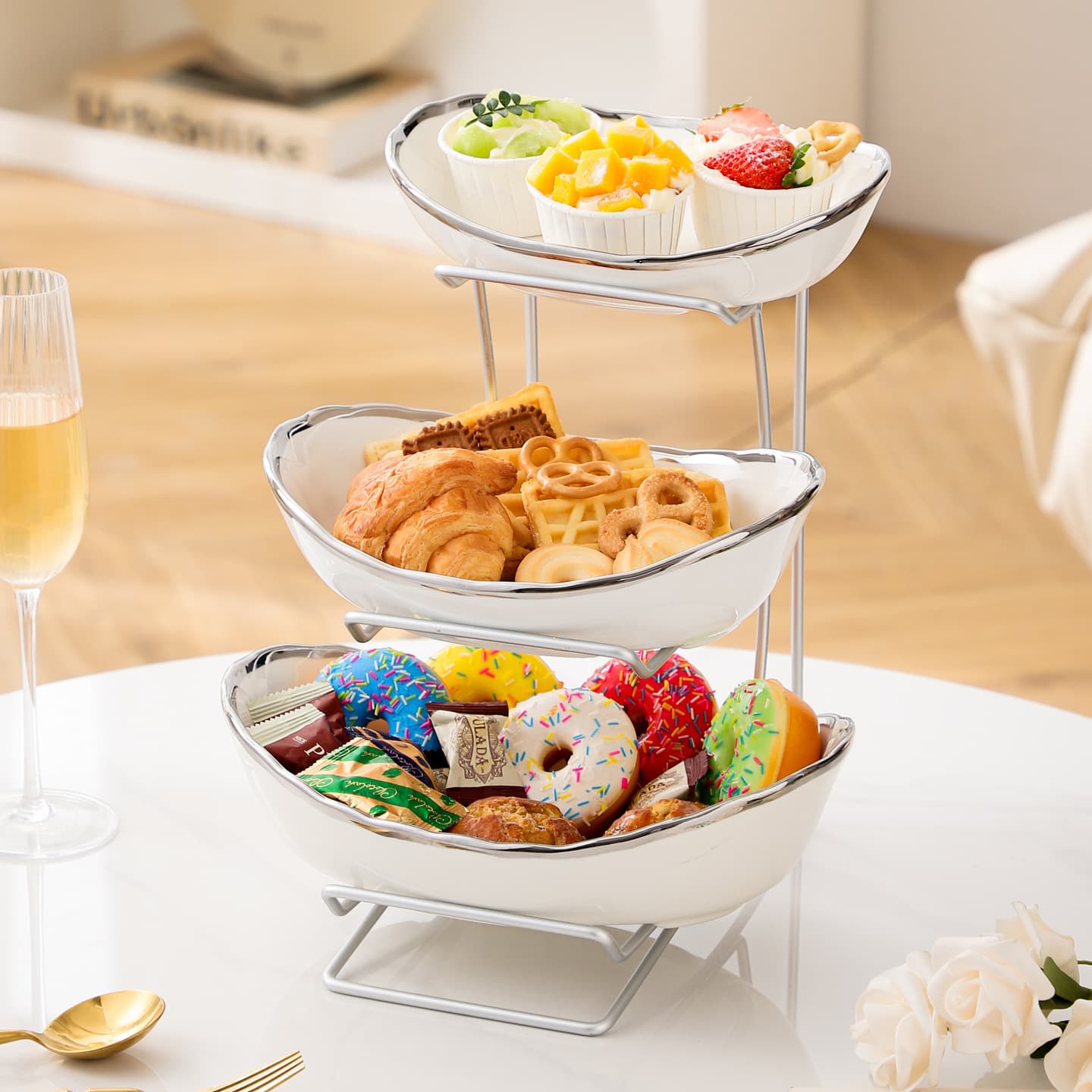 Nordic ceramic fruit plate wrought iron fruit basket living room household double-layered three-layered fruit plate snack snacks dry fruit plate