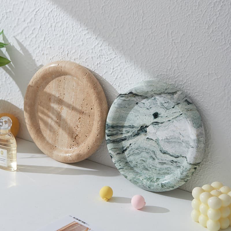 Natural Marble Puff Edge Round Integrated Tray, Nordic Style Desktop Serving Plate, Donut Home Fruit Stone Plate
