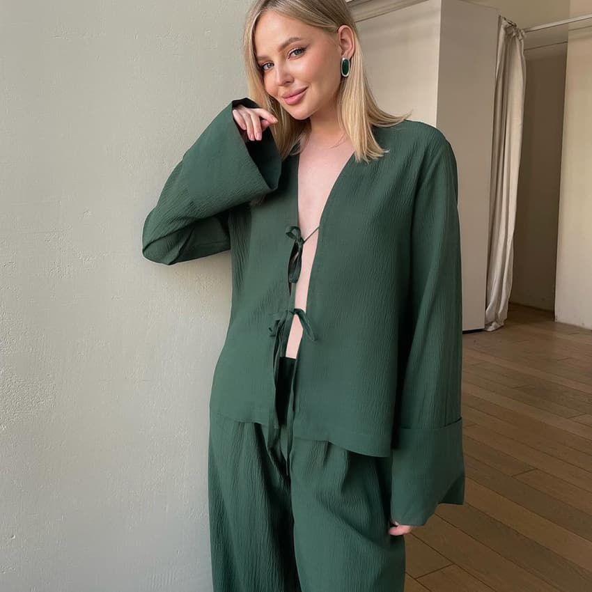 European and American 2026 cross-border green cardigan loose casual pajamas set breathable long-sleeved trousers women's home clothes wholesale
