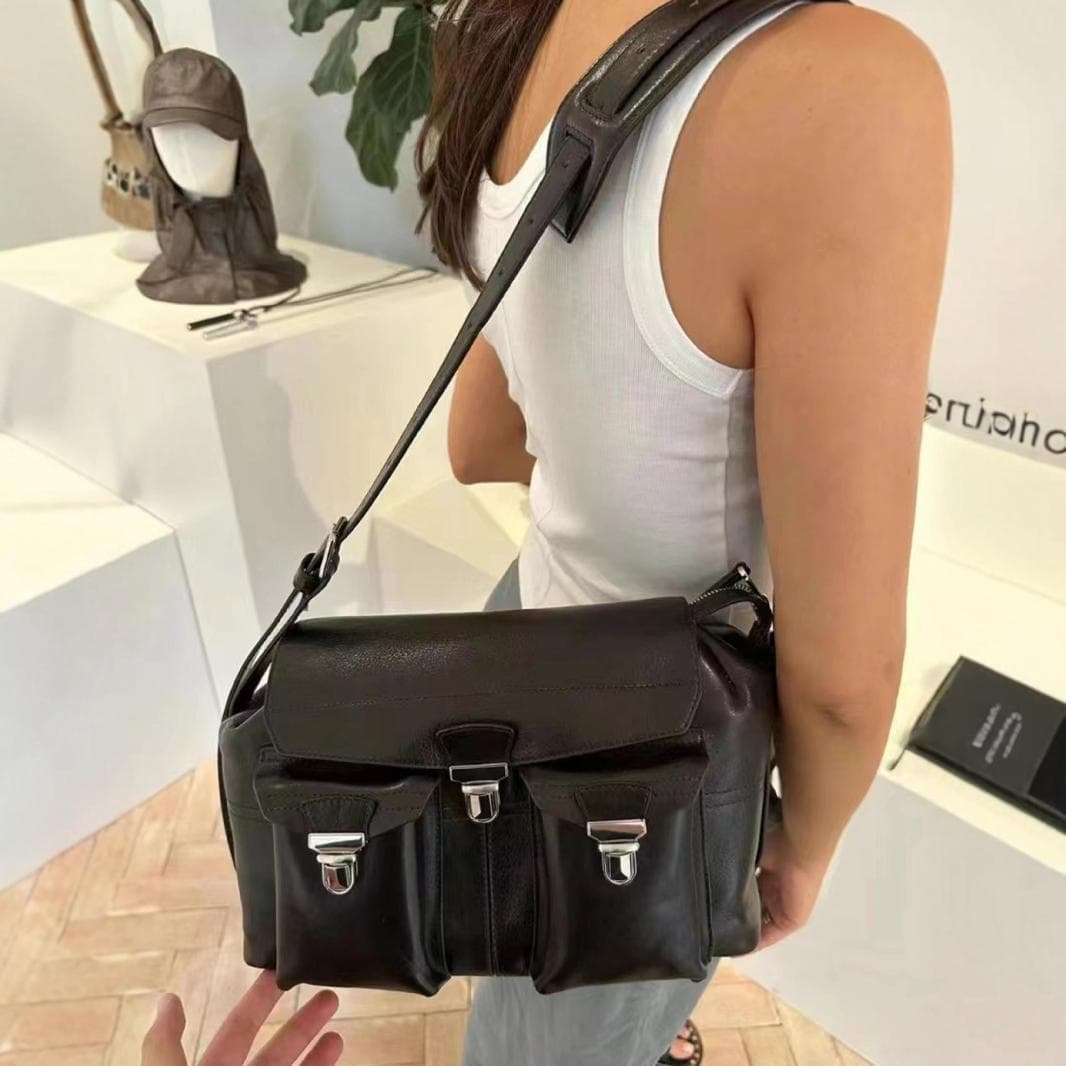 Le Maire Messenger Bag Gear Bag French Niche Full-Grain Leather Motorcycle Bag Utility Bag Crossbody Shoulder Bag