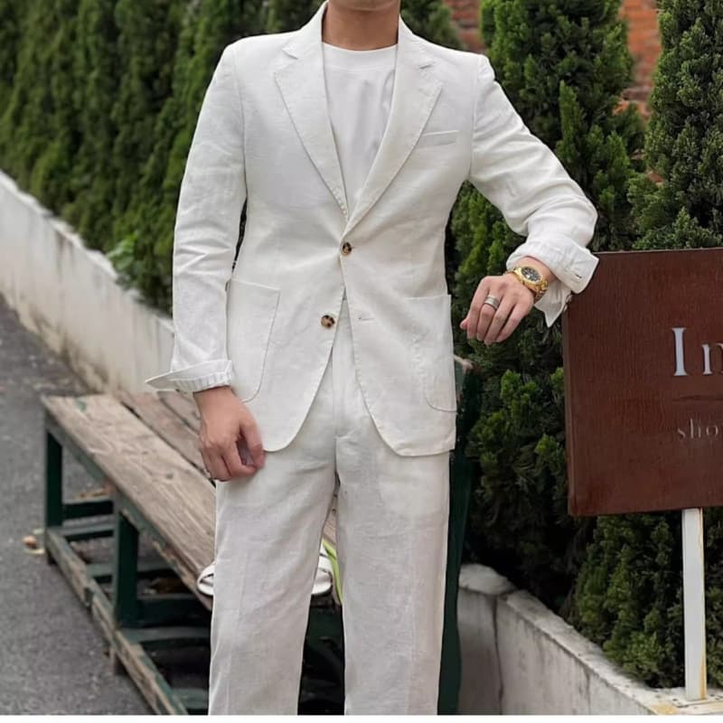 Spring/Summer New Men's Linen Two-Piece Set Retro Trendy Casual Blazer Korean Business Cotton-Linen Suit Jacket