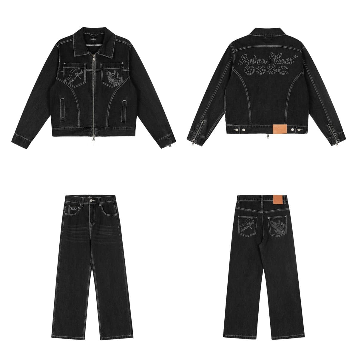 Broken Planet Embroidered Logo High Street Trendy Casual Denim Jacket Straight-Leg Jeans Set