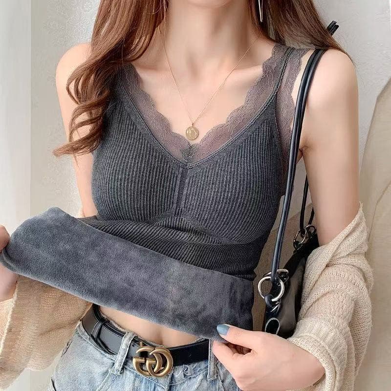 Factory direct sales, cross-border best-selling lace backless fleece-lined thickened camisole for women, winter warm inner layer base shirt