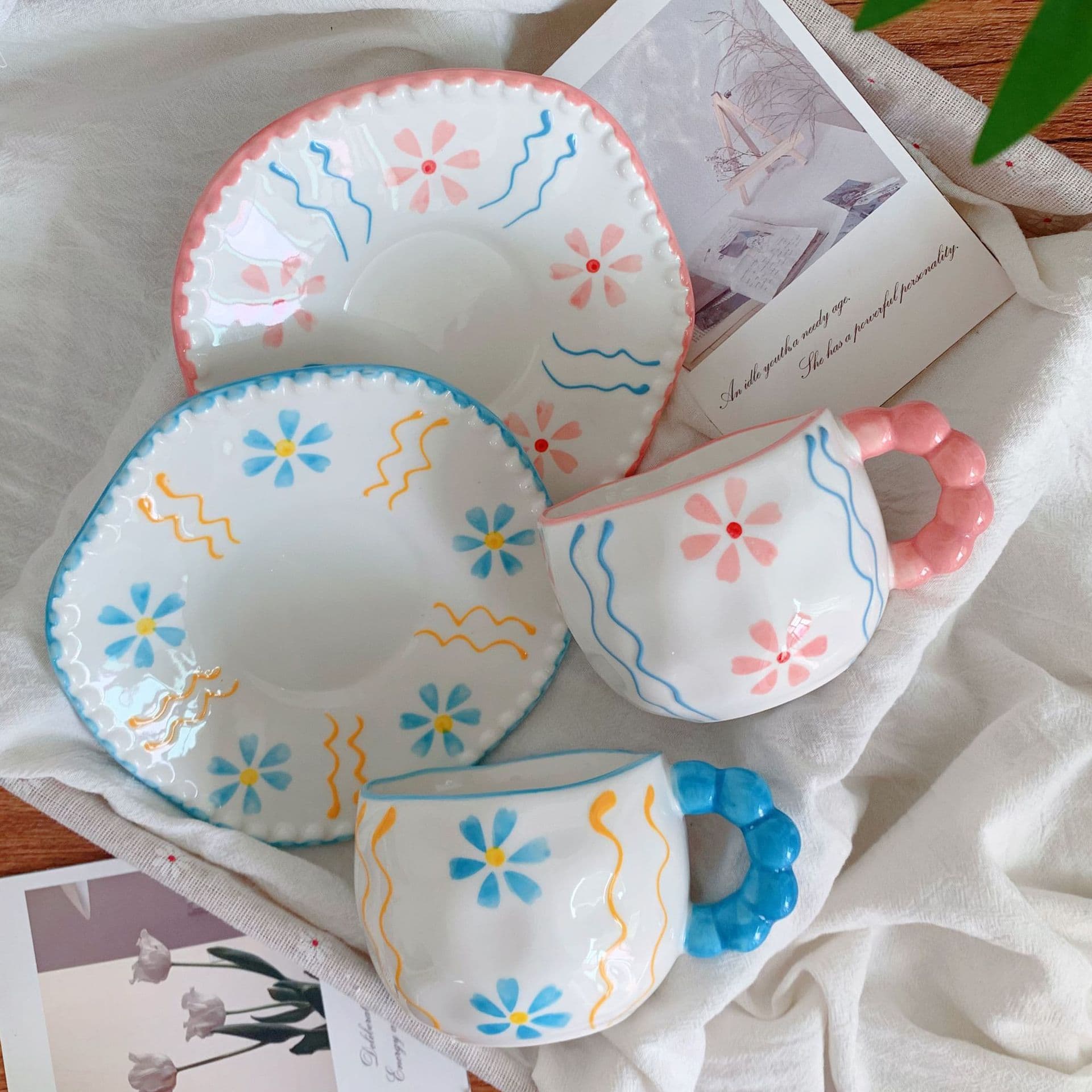 Ins Creative Coffee Cup and Saucer Set High Appearance Hand-Pinched Ceramic Water Cup Hand-Painted Fresh Afternoon Tea Cup and Saucer