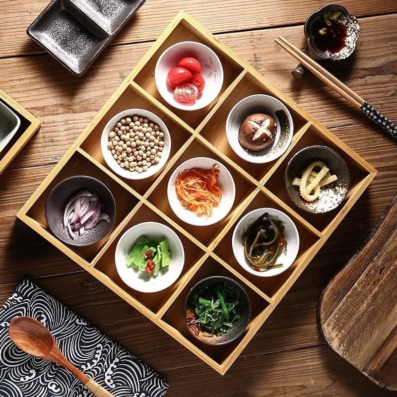 Cross-border Japanese-style nine-grid wooden tray, commercial multi-grid bamboo wood box for sushi, snacks, dried fruit plates, hotpot divider tray
