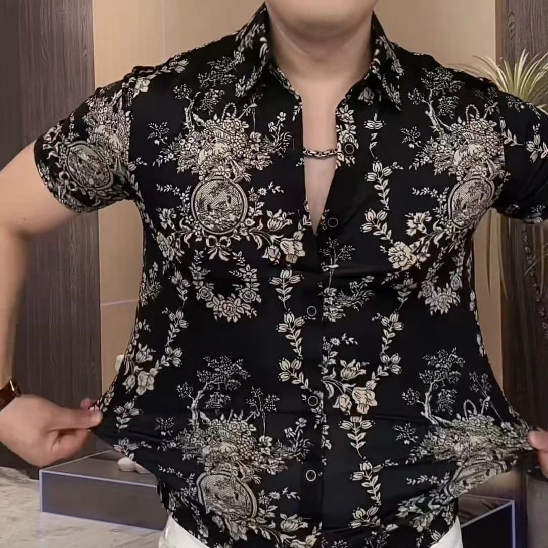 High-end Luxury Fashion Printed Short Sleeve Shirt Men Summer Thin Casual Polo Shirt Handsome Short Sleeve T-Shirt Men