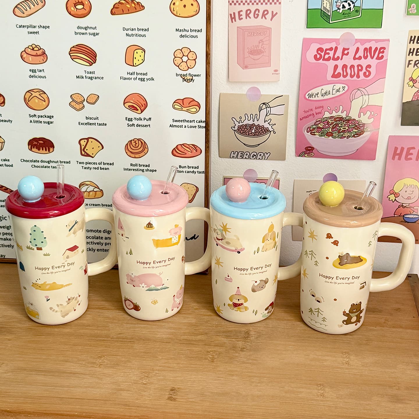Cute straw cup office birthday gift couple cup cartoon ceramic water cup mug with lid large capacity