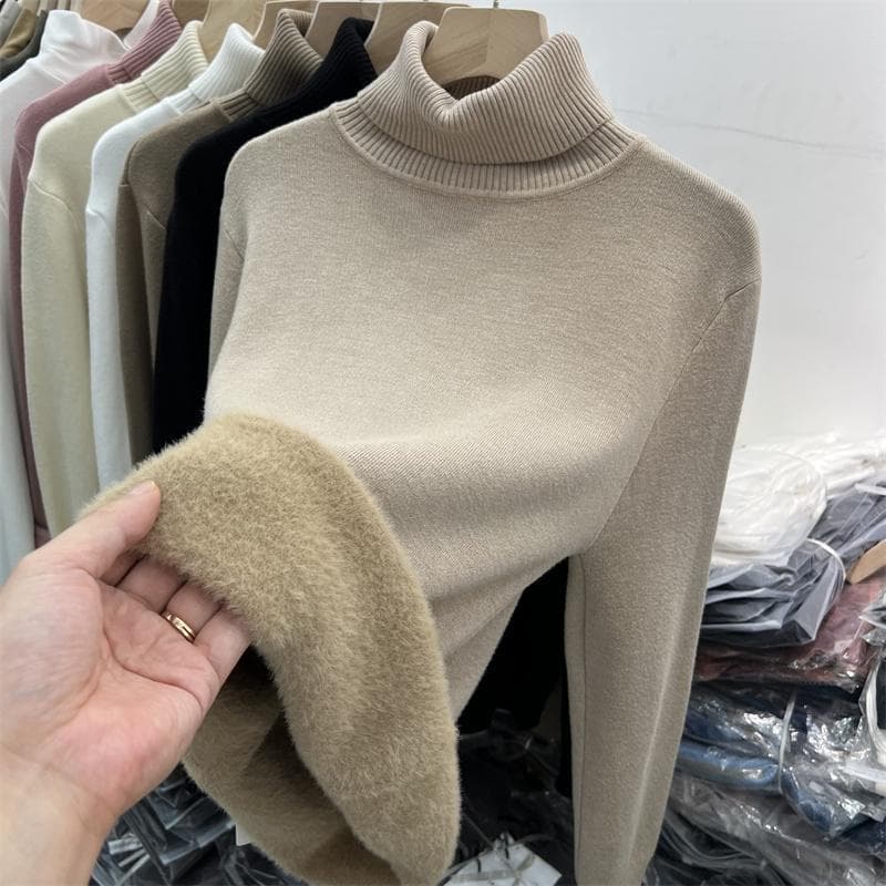 Thick velvet warm turtleneck sweater for women 2024 autumn and winter new one-piece velvet inner knitted sweater base layer top