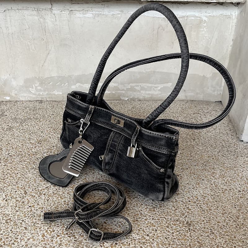 Qiao Ge washed denim handbag punk trendy suspender jeans single shoulder armpit bag multi-pocket crossbody for women