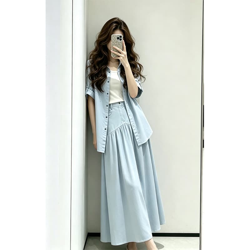 2026 Summer Plus Size New Set Women Plus Size Loose Design Korean Style Shirt Skirt Two-Piece Set 2597