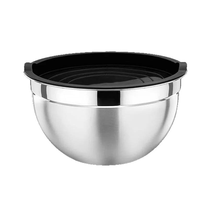 Cross-border Thickened Stainless Steel Salad Bowl with Black Silicone Non-Slip Base and Lid, Egg Mixing Bowl Set for Baking and Stirring, Thickened