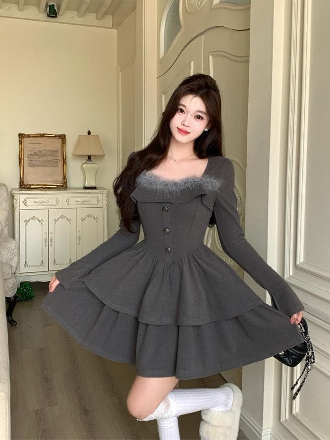 Plus Size Curvy Women Fall/Winter New Arrival Elegant Stretchy Waist Dress Ultra Slimming Flattering Puffy Short Dress