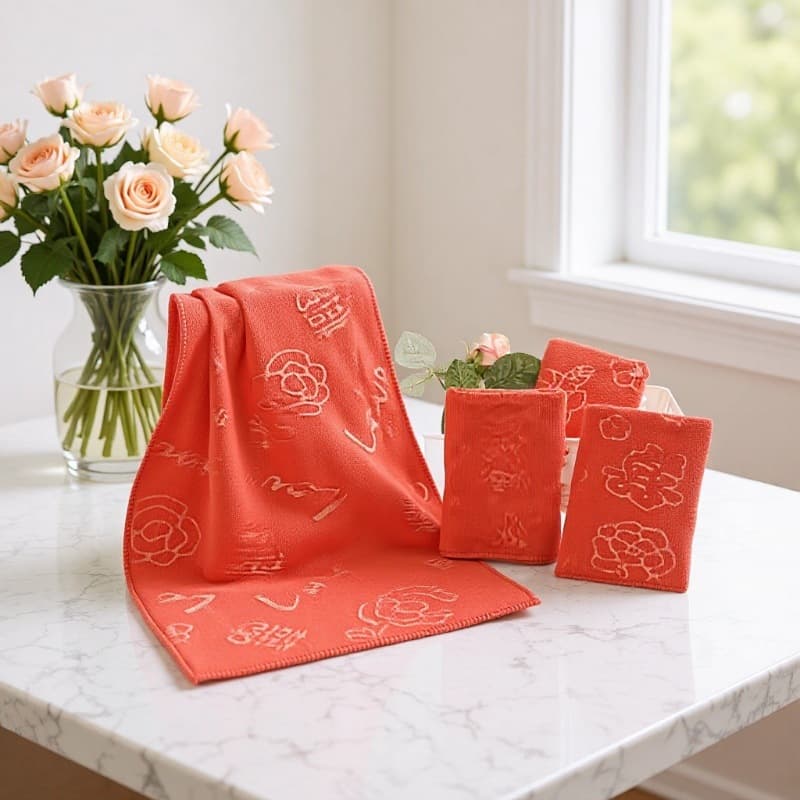 Factory Direct Supply Microfiber Towel - Red Embossed Festive Towel, Wedding Marriage Return Gifts, Big Red Towel