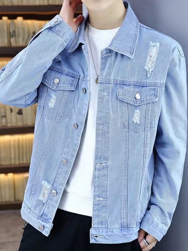 New 2023 Denim Jacket For Men Casual Trendy Loose-fit Korean Style Breaking Holes Jacket Top Village Up Style