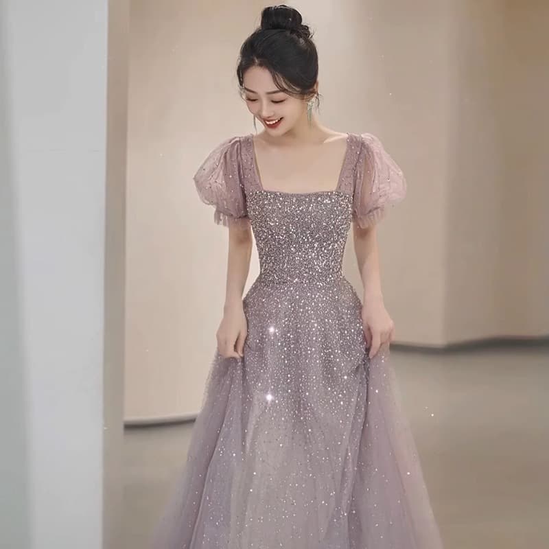 Purple Evening Gown 2026 French Fairy-Tale Style High-End Starry Long Dress for Art Exams and Hosts