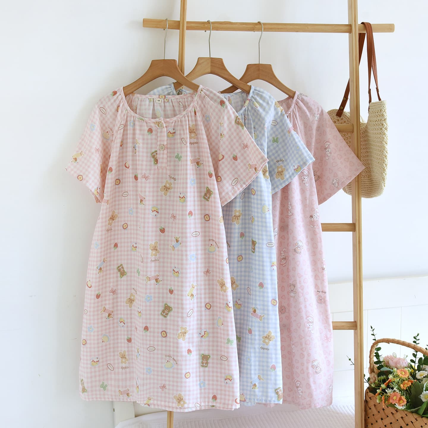2026 Summer New Sleep Dress Women Short Sleeve Korean Floral Loose Pure Cotton Thin Full Cotton Home Dress Round Neck Nightgown