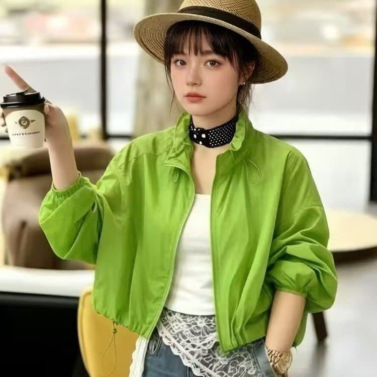 Korean Style Stand Collar Drawstring Sun Protection Jacket for Women 2026 Summer New Loose Slim Lightweight Versatile Casual Coat Trendy