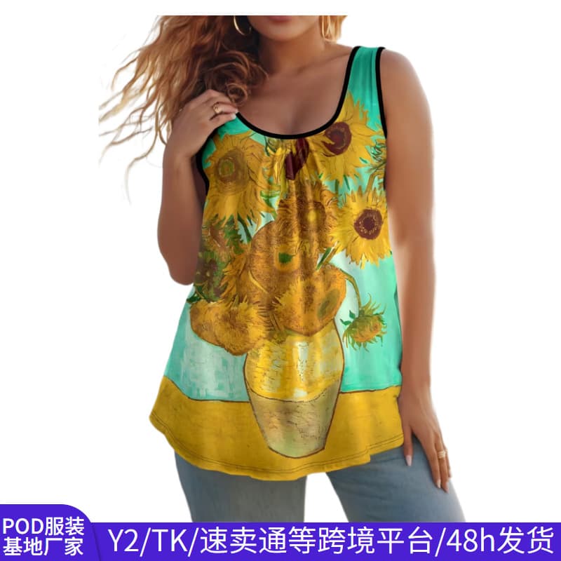Temu Summer Cross-Border Plus Size Vest for Women Loose Slimming Round Neck Sleeveless Top European and American Casual Vacation Style Women's Clothing