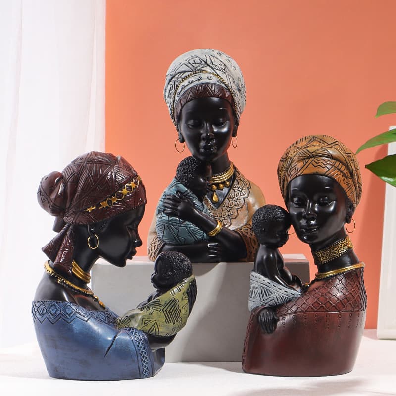 African Black Mother and Child Statue Resin Craft Ornament Creative Vintage Decoration for Bedroom Living Room Entryway Wine Cabinet