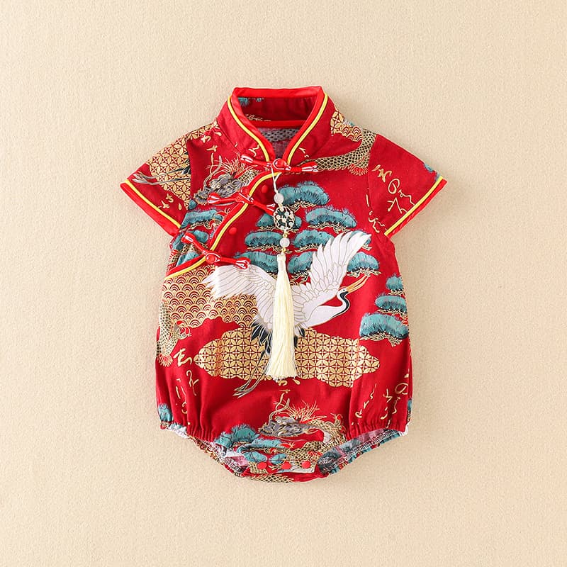 Baby summer dress Chinese style cheongsam baby girl retro crane pine short-sleeved fart coat newborn triangle jumpsuit