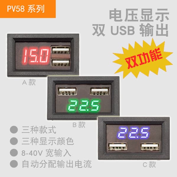 PV58 Lithium Battery Voltmeter with Dual USB 5V2A Mobile Phone Charger