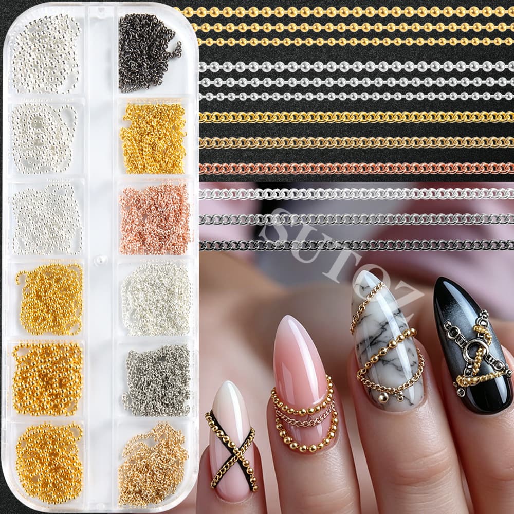 Nail art mixed metal chain bead chain jewelry, gold, silver, black and multi-color thin chain steel beads, high-end light luxury nail art decoration