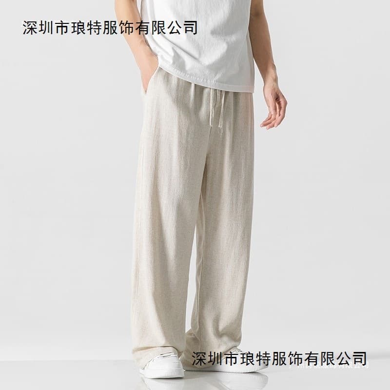Cross-border Linen Pants for Men Summer Loose Straight Leg Casual Trousers Spring and Summer New Arrival Men's Pants with Draping Cotton-Linen Feel