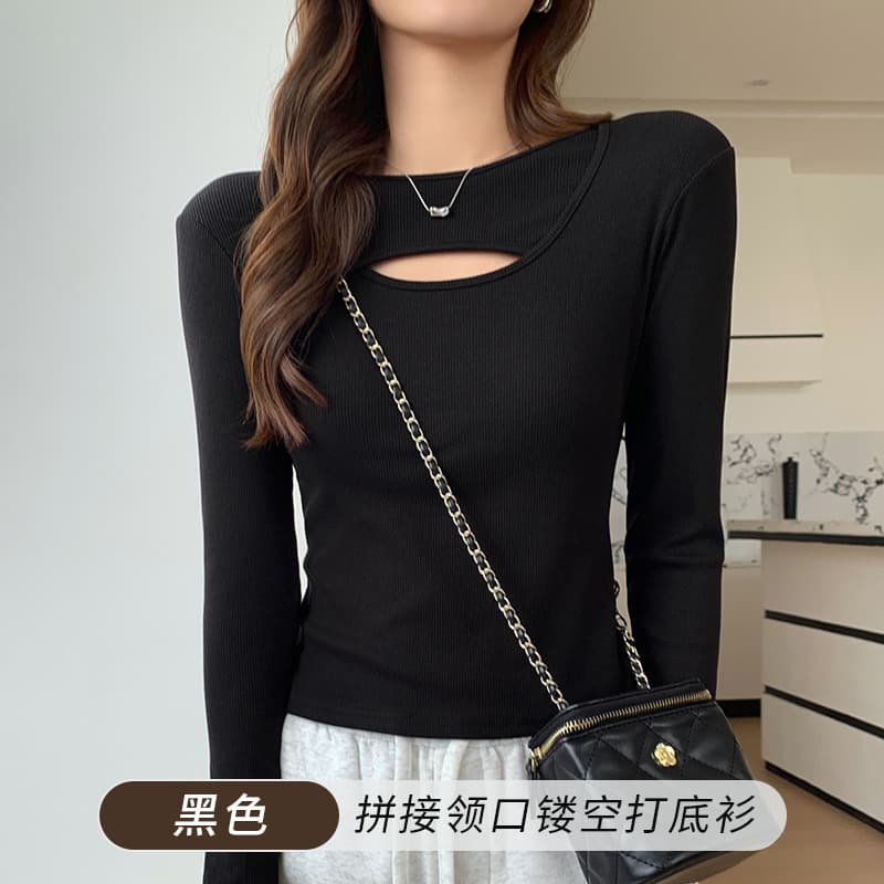 2101 Regular Shoulder Slim-Fit Long-Sleeve T-Shirt for Women, Autumn/Winter Design with Cutout Cross Neckline Striped Base Layer Top