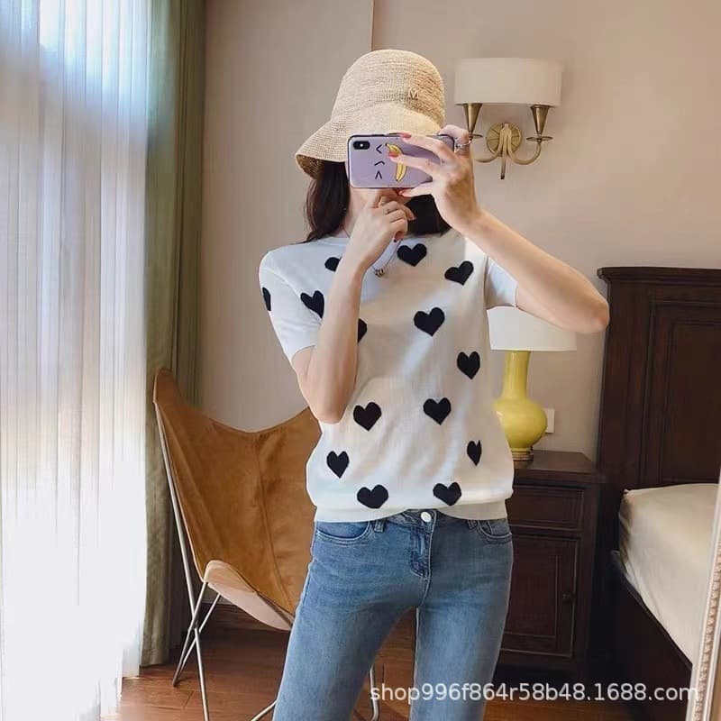Love Print Short-Sleeve T-Shirt for Women 2022 Summer New Style Round Neck Slim Fit White Knit Top Versatile Lightweight Blouse