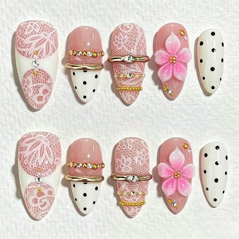Polka Dot 3D Metal Ring French Wearable Nails, Nude Pink White Nails for 30 Pieces, Mixed Wholesale