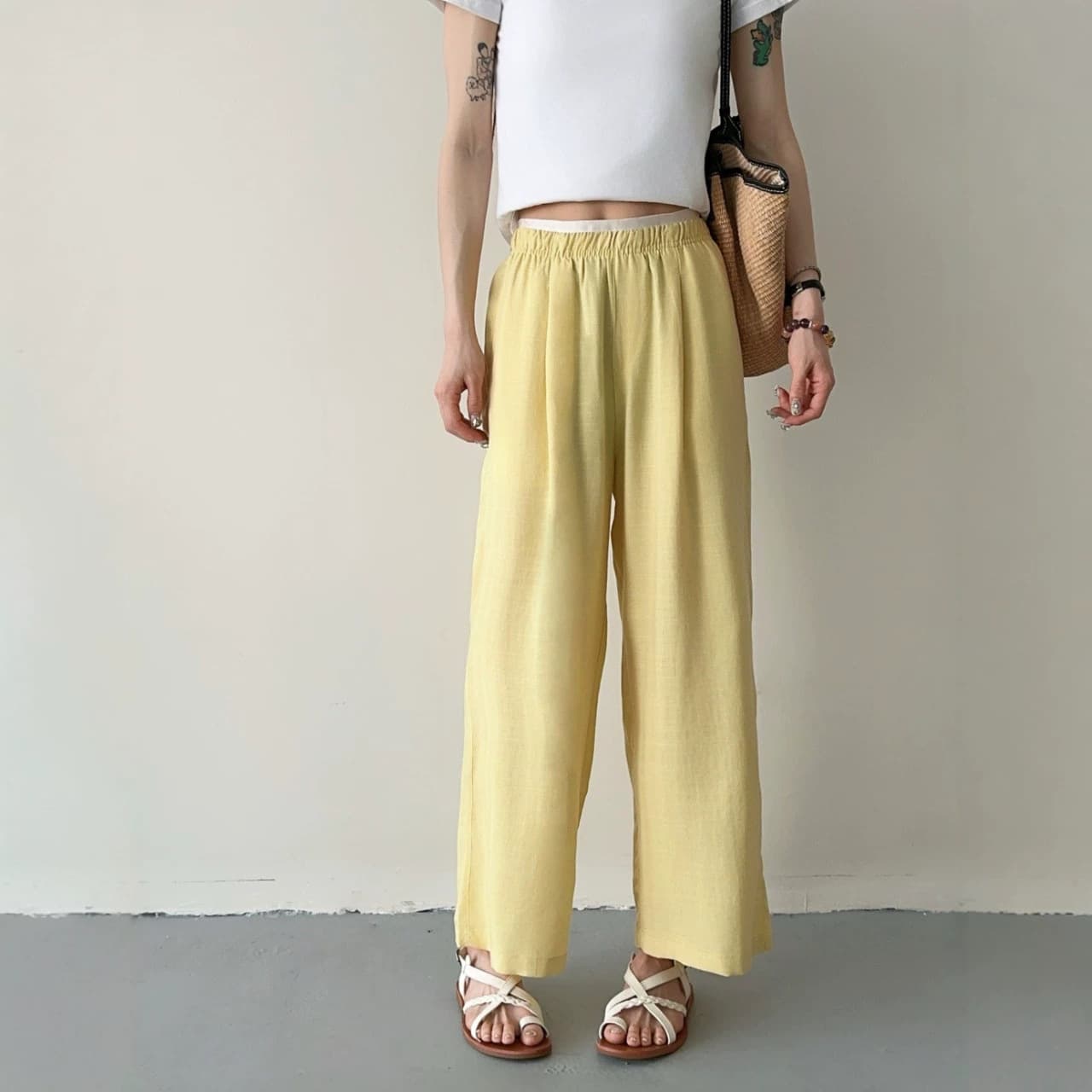 Korean Cotton Linen 9/10 Length Straight-Leg Pants for Women 2026 Summer High-Quality Korean Fashion Casual Loose Wide-Leg Sweatpants for Women