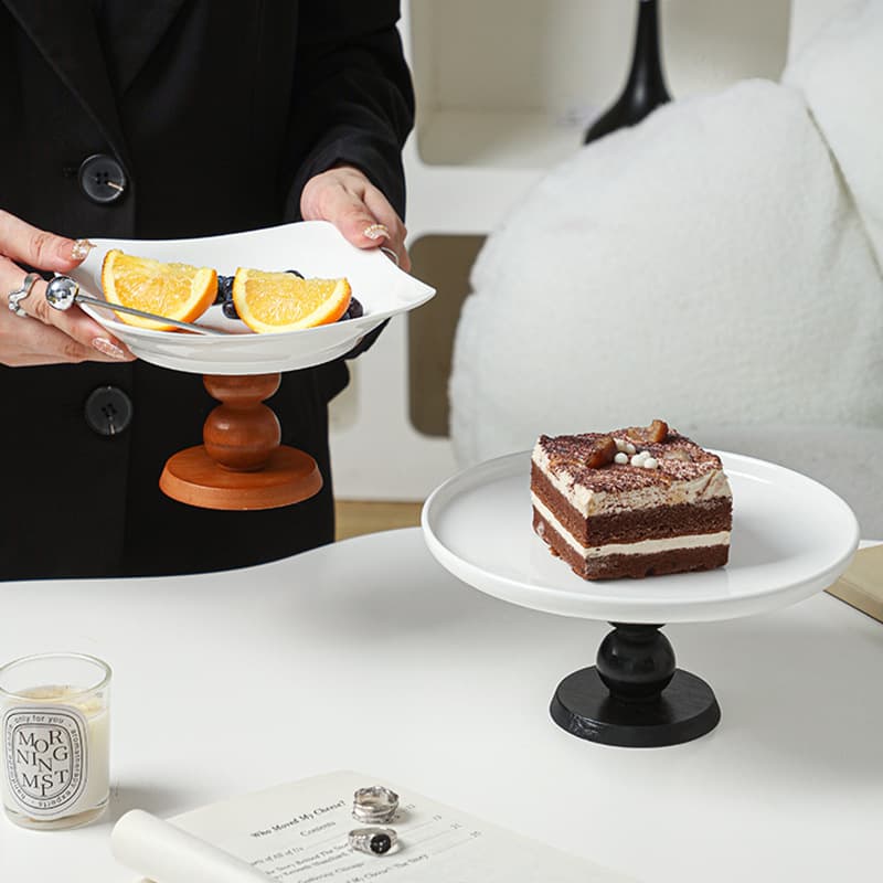 Vintage French Style Ins Style Wooden Tall Ceramic Plate Living Room Fruit Plate Snack Storage Tray Dim Sum Cake Plate