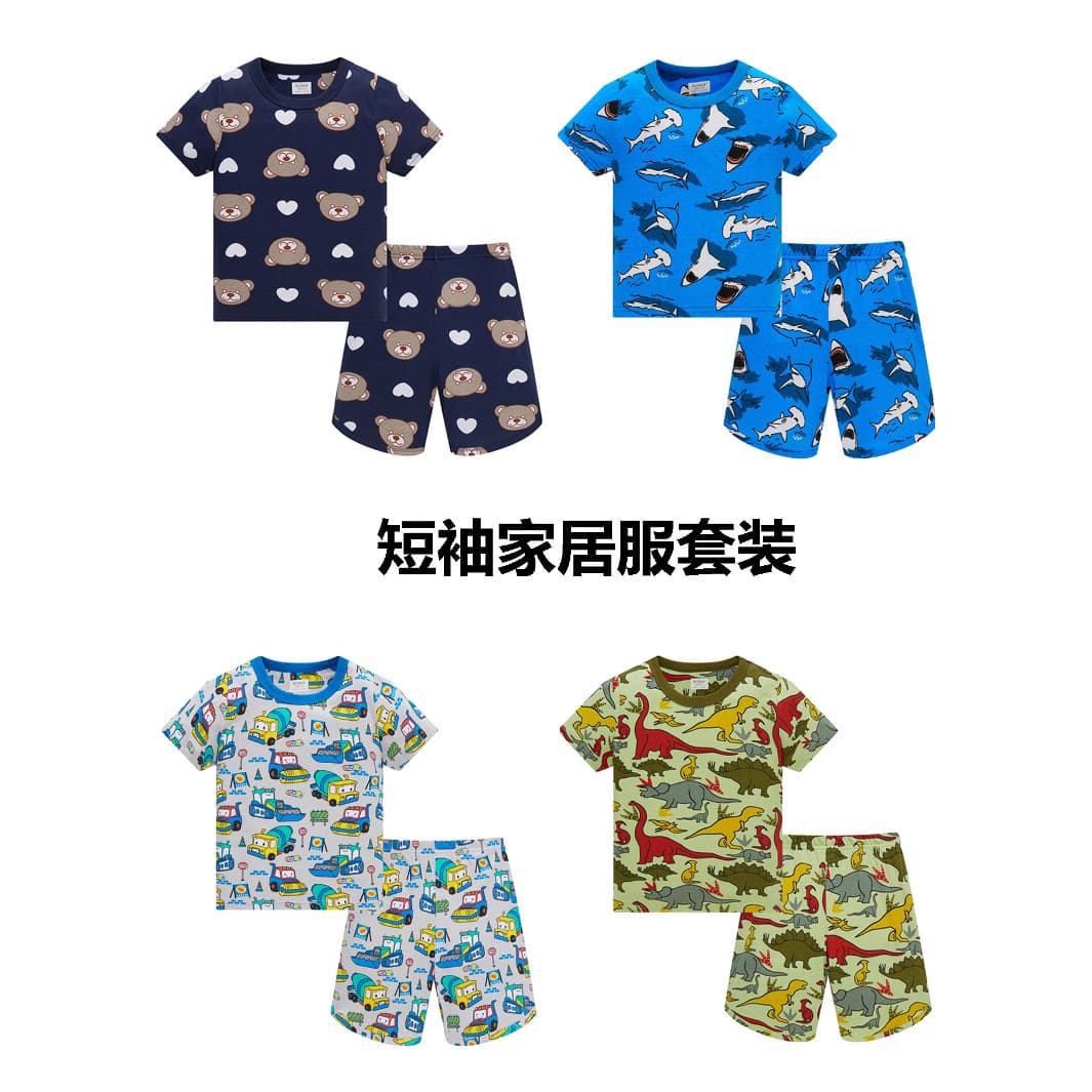 Cross-border wholesale children's short-sleeve printed cartoon pajama set for boys and girls, summer thin round neck sleepwear