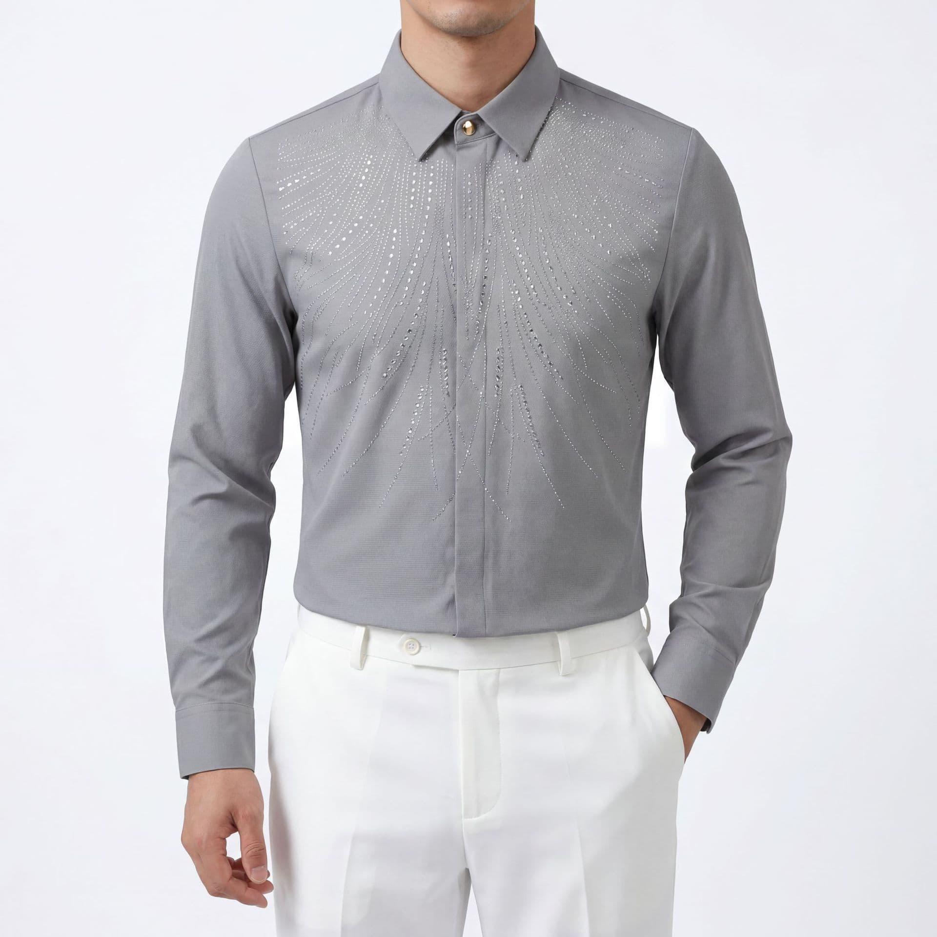 Light Luxury Men's Shirt with Precision High-Temperature Rhinestone Wing Design, Long Sleeve, Wrinkle-Free, Direct from Cross-Border Source Factory