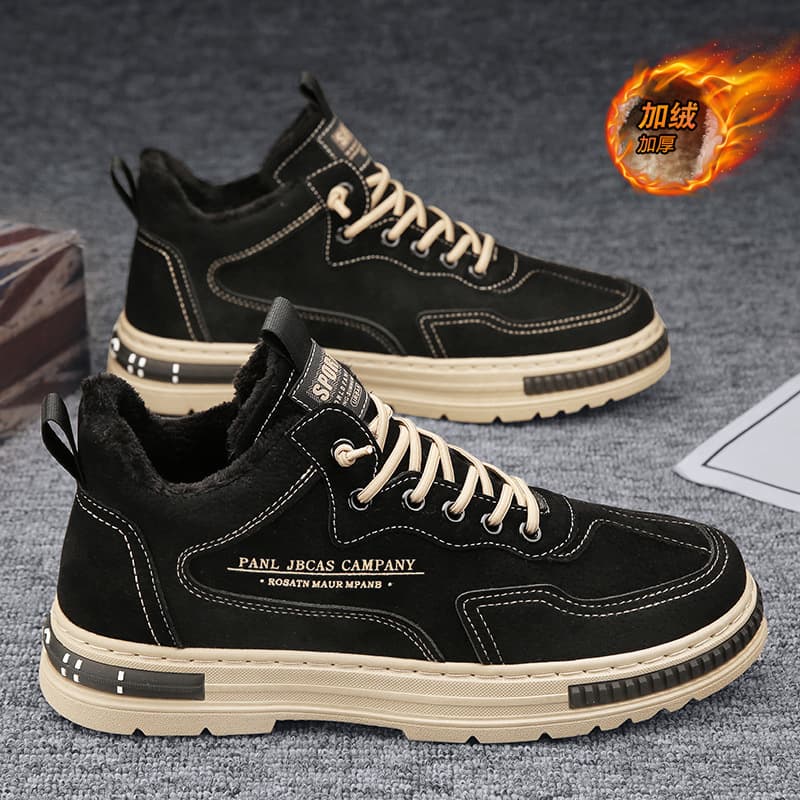 Men's labor protection work shoes, winter fleece-lined warm cotton shoes for construction, anti-slip wear-resistant workwear mid-top sneakers.