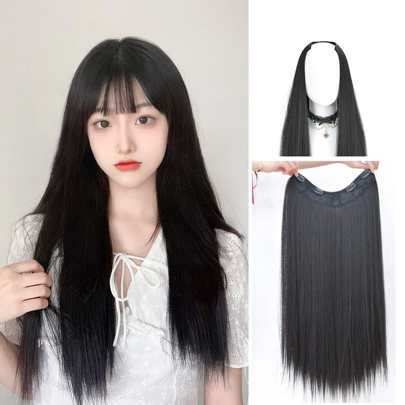 Wig women's long hair one-piece long straight hair extensions V-shaped large wavy hair simulation invisible traceless hair extensions