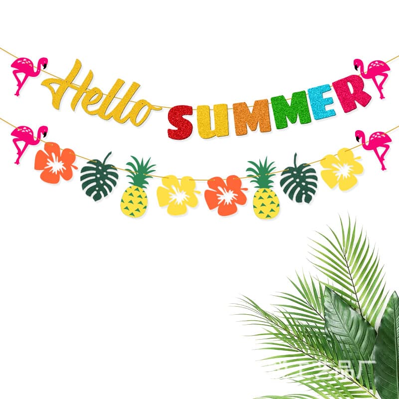 Summer Hawaiian Party Decorations SUMMER Flamingo Monstera Leaf Pineapple Glitter Banner Garland