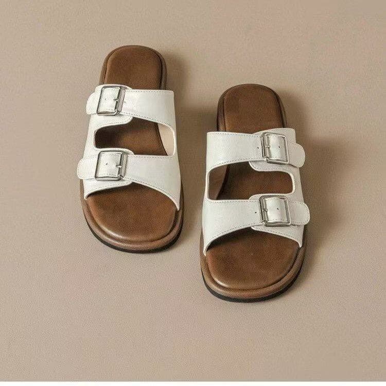 Flat Bottom Sandals Women Summer Outdoor 2026 New White Double Buckle Birkenstock Slippers Soft Sole Beach Shoes