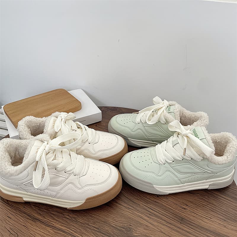Winter Cotton Shoes for Women, 2024 Autumn Leather Lined Fleece Sneakers, Canvas Versatile Casual Skate Shoes White Shoes