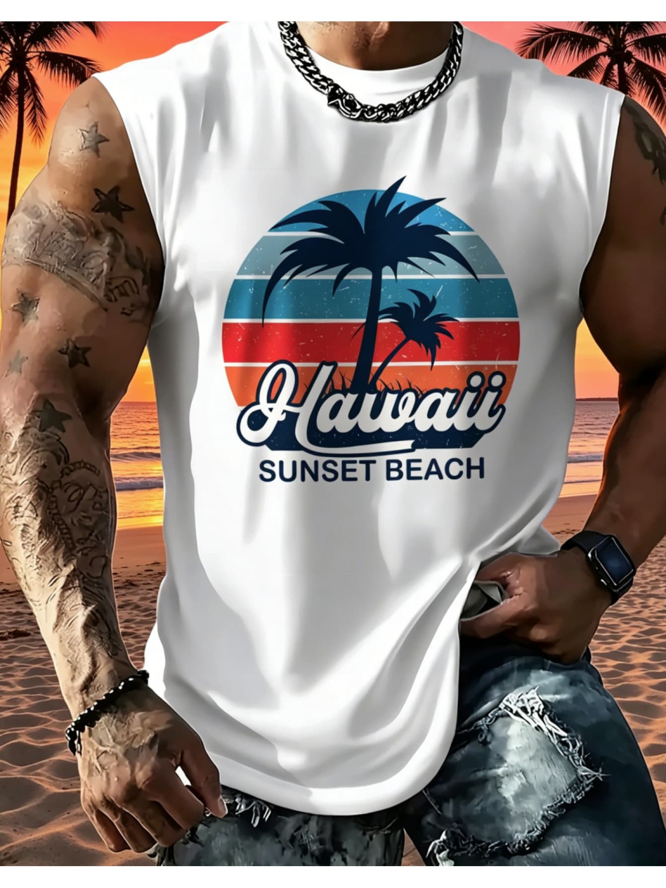 Retro Palm Tree Beach Letter Print Sleeveless Vest Soft Skin-Friendly Loose Fit Men's Outdoor Sports