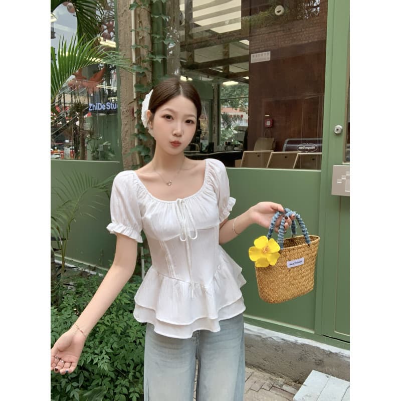 Actual Photo Plus Size Curvy Textured Ruffle Hem Puff Sleeve Waist-Cinching Square Neck Slimming Blouse