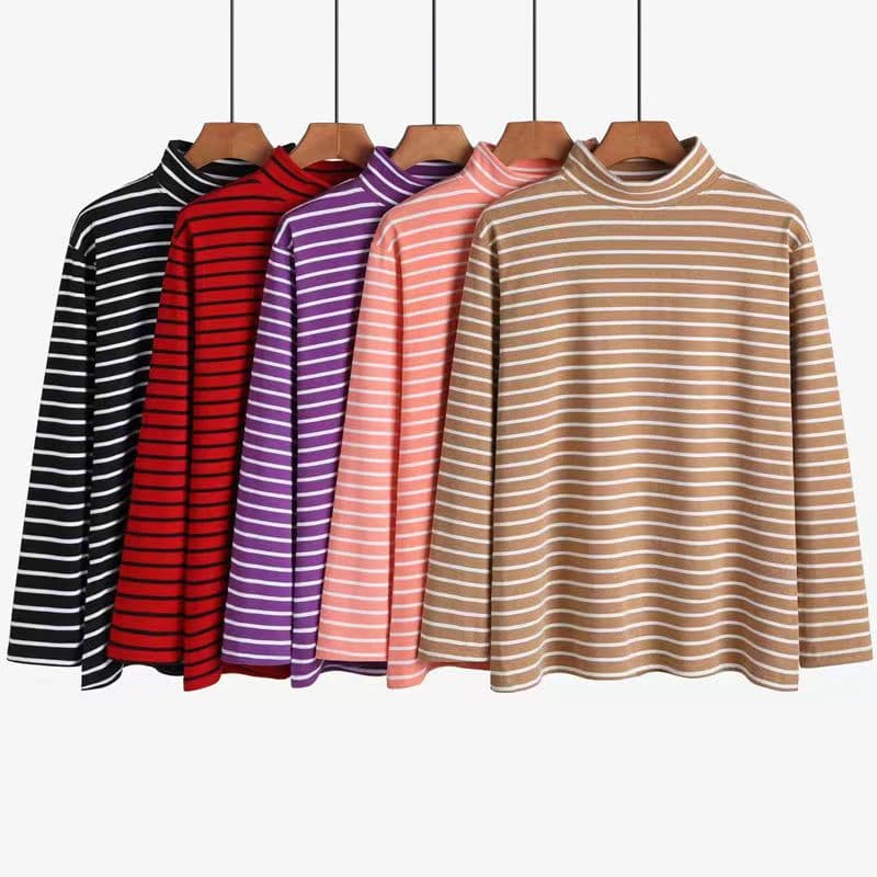 Spring and Autumn Women's Autumn Underwear, German Fleece Striped Long-Sleeve Brushed Fabric Loose Fit Plus Size for Market Stalls, Middle-Aged and Elderly Mom's Base Layer Autumn Top