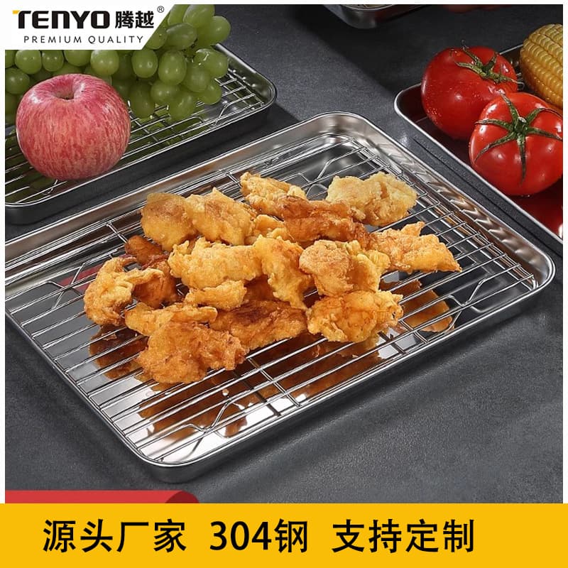 304 stainless steel square plate with lid oil control rack commercial tray cooked food display barbecue mesh rack drain and oil filter tray