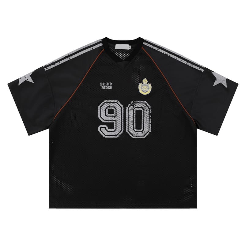 Loose Short Sleeve Rugby T-Shirt for Men American Internet Famous Graffiti Star Badge Style Polyester Fiber round Neck T-Shirt