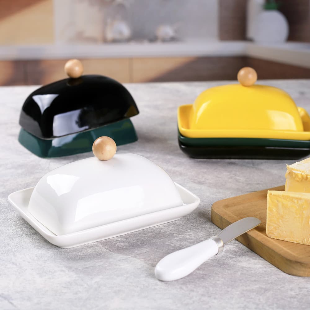Simple Ceramic Covered Butter Dish Western Dining Cheese Butter Box Stainless Steel Knife Kitchen Utensils
