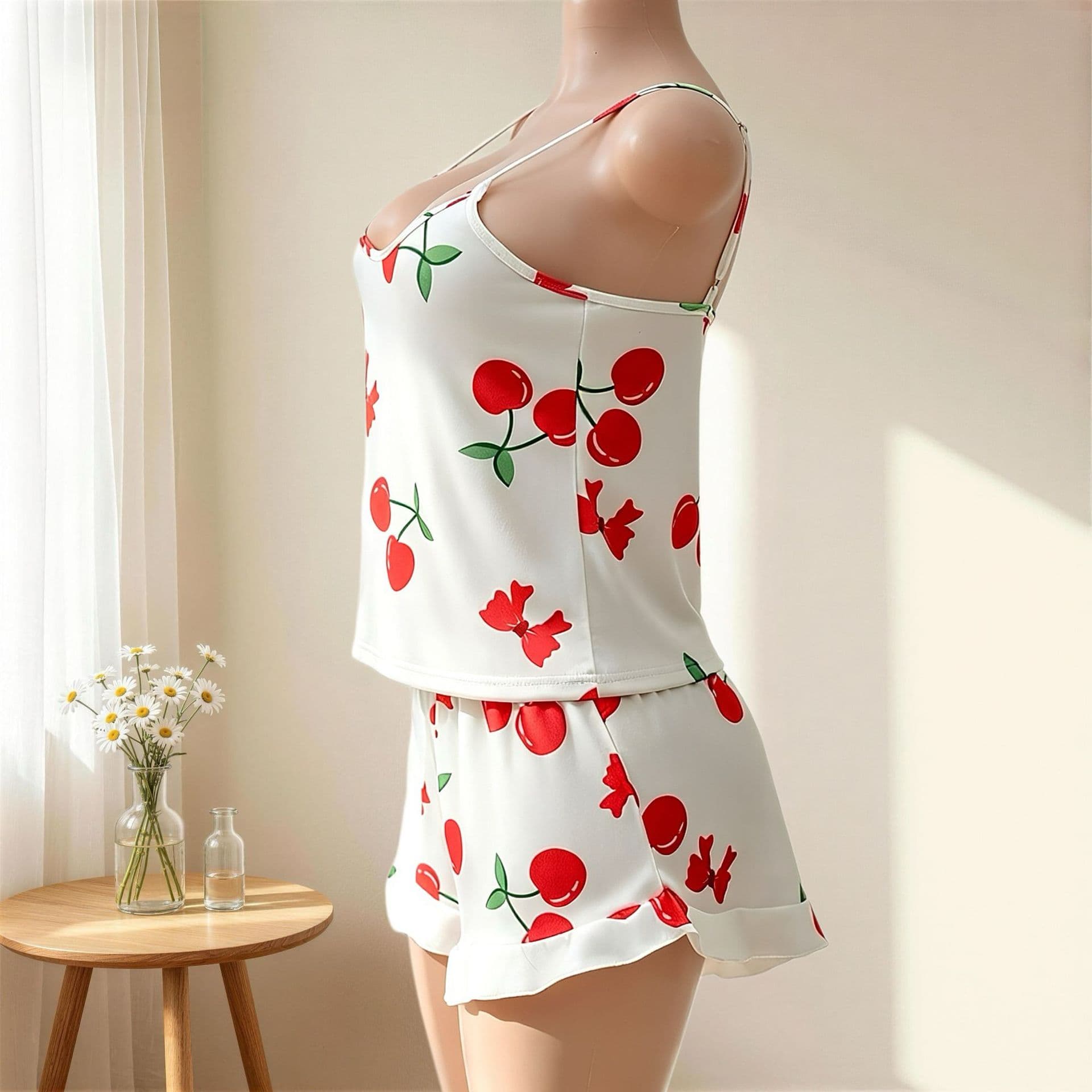 2025 Cross-border New Sexy European and American Pajamas Camisole Loungewear Cherry Print Two-Piece Set Sexy Pajamas