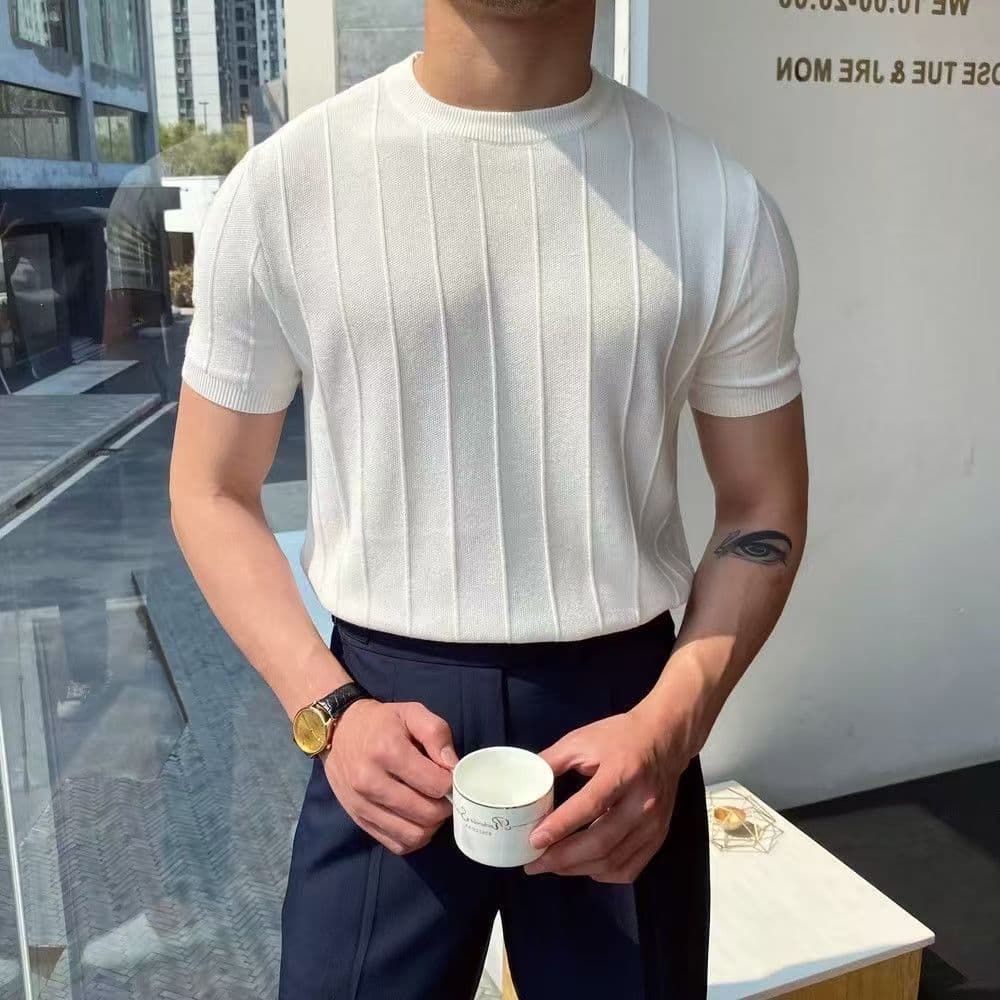 New Solid Color 2025 Short Sleeve Knit Top Round Neck Trendy Men's Versatile Pullover Half Sleeve Undershirt Casual Summer