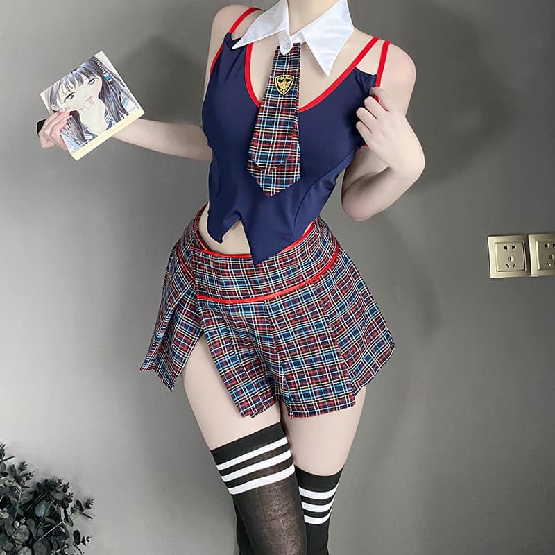 Sexy Lingerie for Women Schoolgirl Costume Tie British Plaid Slit Skirt Streamer Outfit 1713