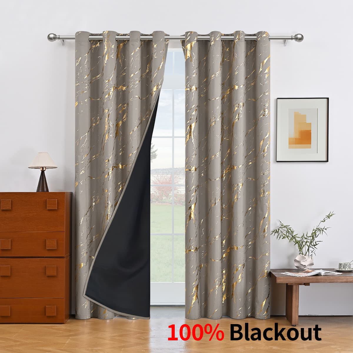 Direct from fabric manufacturer: wholesale gold/silver embossed full blackout curtain fabric, 100gsm, 280cm wide.