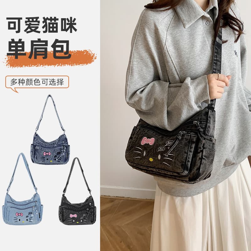New Large Capacity Denim Bag Casual Ins Japanese Style Cute Cat Fashion Simple Shoulder Crossbody Bag Wholesale
